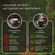 Vergleich herkömmlicher Kaffee und LYKAIA Waldkaffee nach Zutaten und Geschmack
