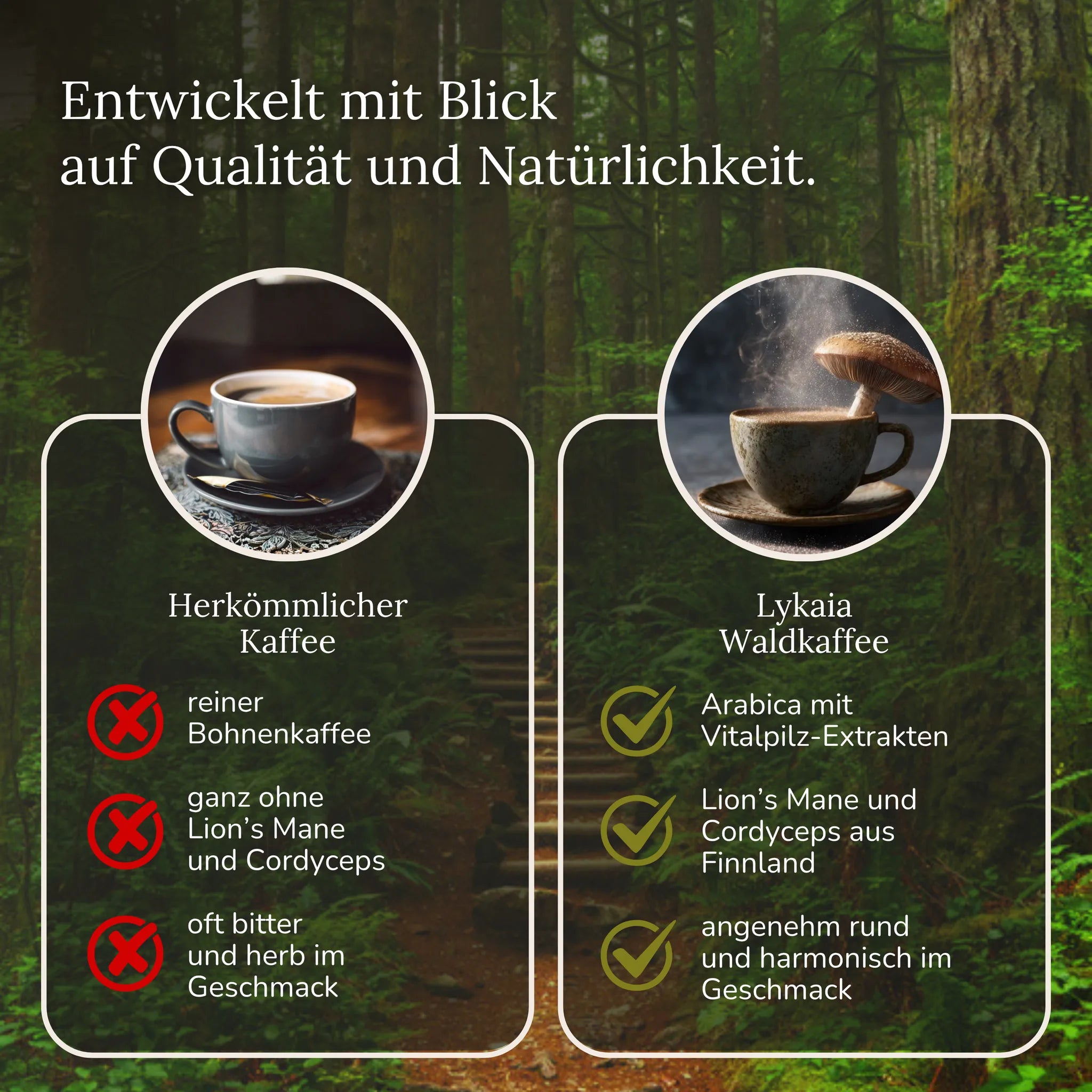 Vergleich herkömmlicher Kaffee und LYKAIA Waldkaffee nach Zutaten und Geschmack