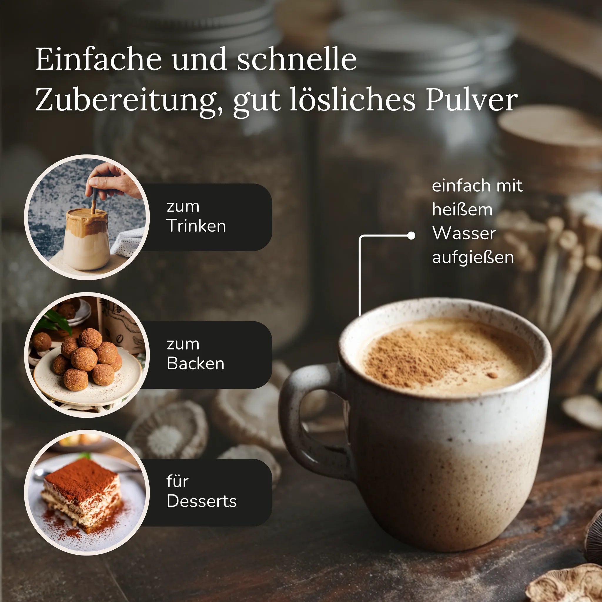 Zubereitung LYKAIA Waldkaffee: mit heißem Wasser aufgießen, zum Trinken, Backen und für Desserts