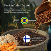 Herkunft der Zutaten: Arabica-Kaffee aus Brasilien, Lion’s Mane und Cordyceps aus Finnland